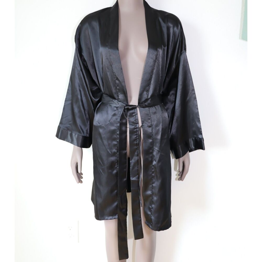 Black Satin Kimono Robe Loungewear‎ Casual Beach Cover Up Size XLarge